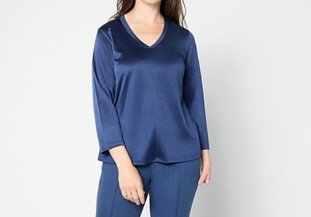 Beautiful Knit Satin V-Neck Elbow Sleeve Blouse Size XL Navy A711095 NWOT